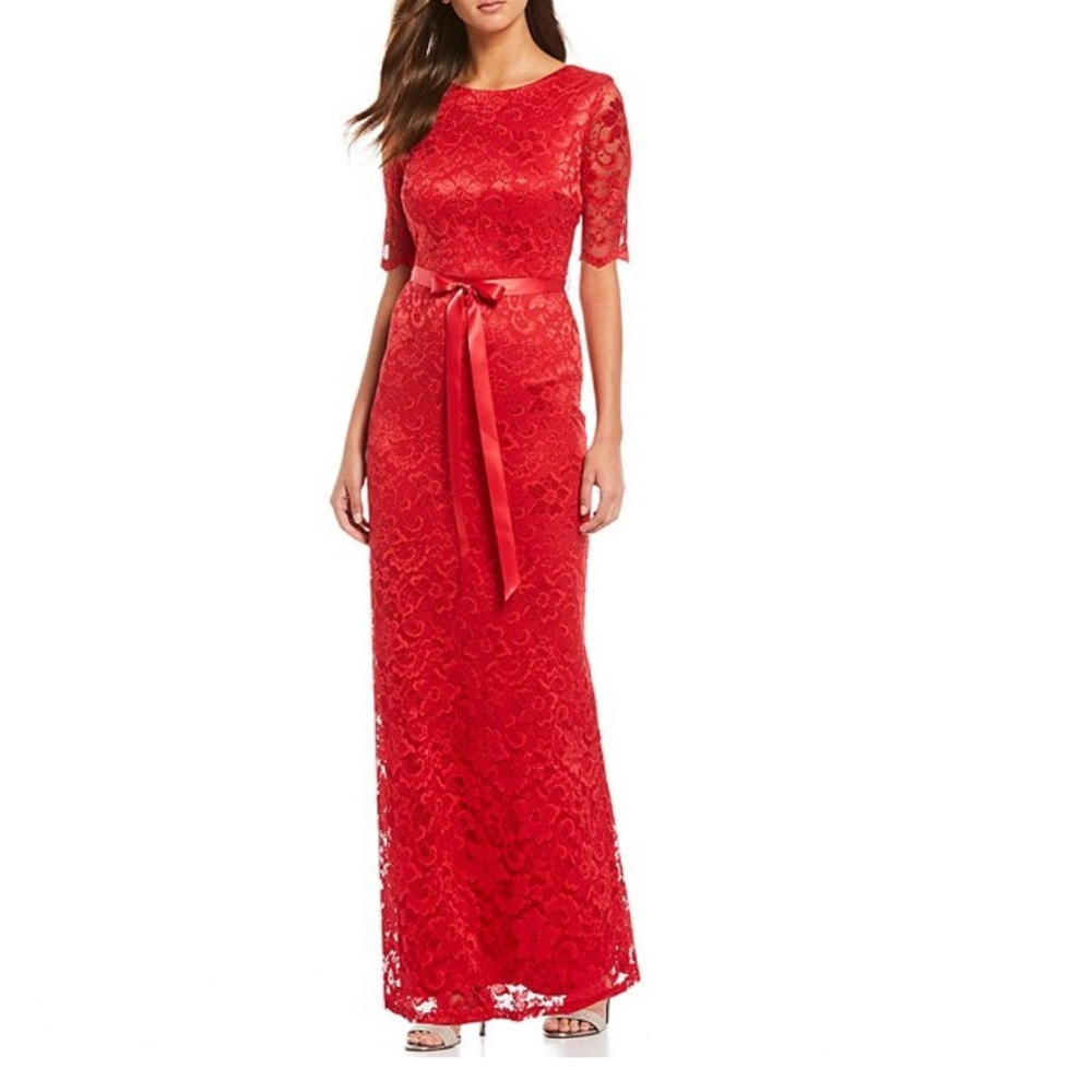 Leslie Fay Stretch Lace Illusion Tie Waist A-Line Gown Red Dress Size 12